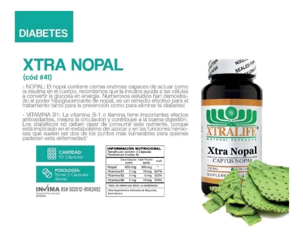 Xtra Nopal 450mg Xtralife | Control de Azúcar, Colesterol y Peso – 90 Cápsulas