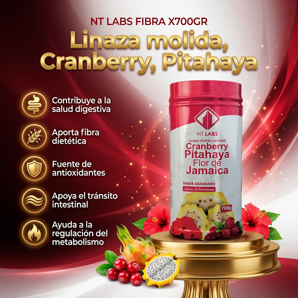 LINAZA MOLIDA CRAMBERRY,PITAHAYA,FLOR DE JAMAICA FIBRA X700GR. NT LABS ia_2