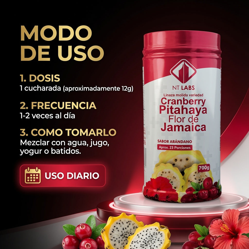 LINAZA MOLIDA CRAMBERRY,PITAHAYA,FLOR DE JAMAICA FIBRA X700GR. NT LABS ia_4