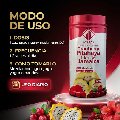 LINAZA MOLIDA CRAMBERRY,PITAHAYA,FLOR DE JAMAICA FIBRA X700GR. NT LABS ia_4