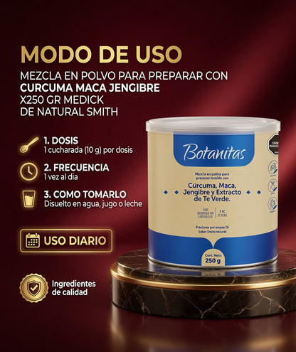 MEZCLA EN POLVO PARA PREPARAR CON CURCUMA MACA JENGIBRE X250 GR MEDICK ia_4