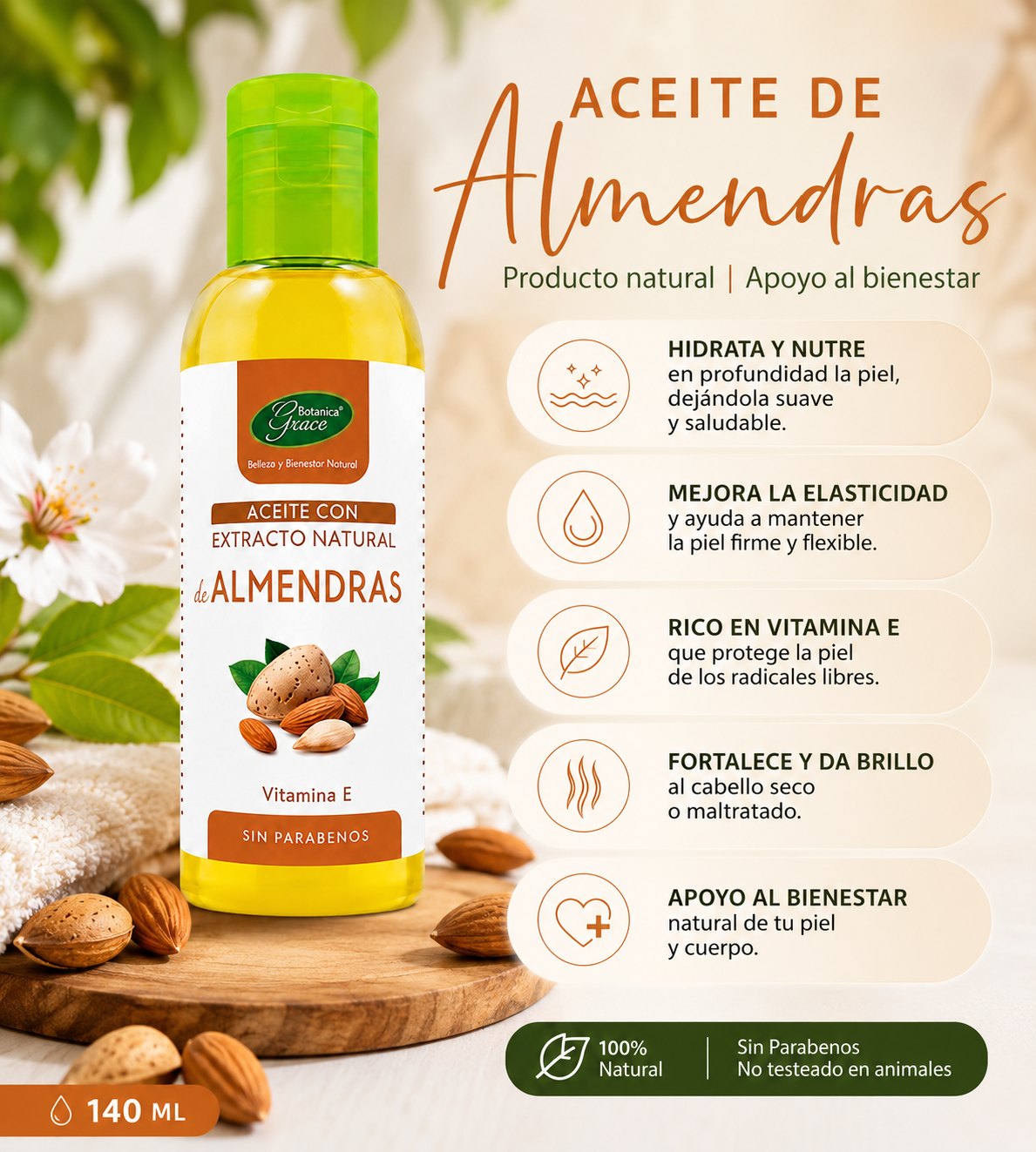 Aceite Almendras 140ML. Botanica | Producto natural | Apoyo al biene