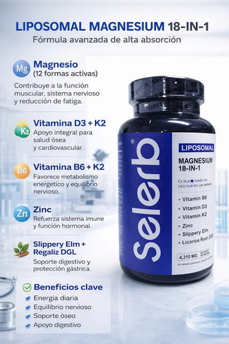 Magnesio Liposomal Selerb 18 En 1 Con Vitaminas D3, K2, Zinc