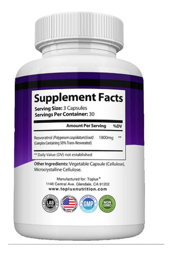 Resveratrol Toplux 90 Cápsulas | Antienvejecimiento y Antioxidante Natural