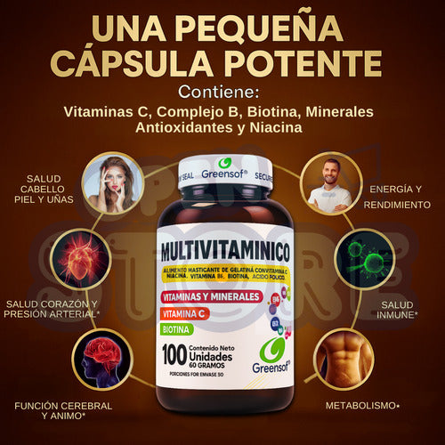 Multivitamínico Greensoft | Complejo B, Biotina y Vitamina C – 100 Cápsulas