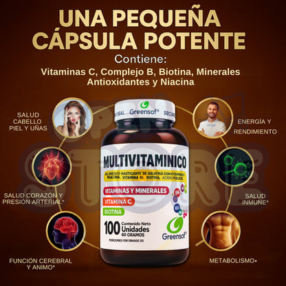 Multivitamínico Greensoft | Complejo B, Biotina y Vitamina C – 100 Cápsulas