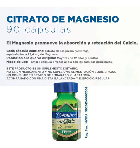 Citrato de Magnesio 490mg Botanitas | Sin Gluten, Calambres y Relajación – 90 Cáp