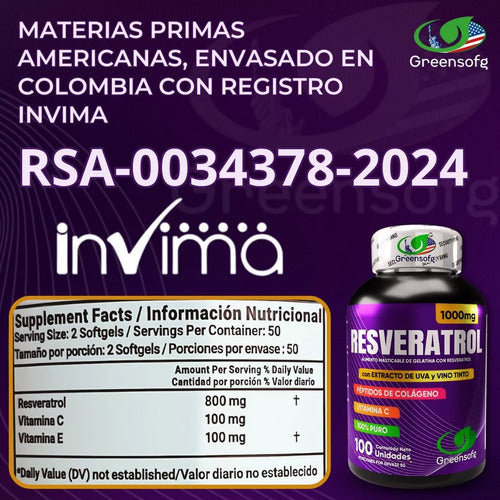 Resveratrol Americano Greensofg | Colágeno, Vitamina C y E – 100 Cápsulas