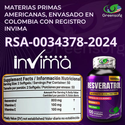 Resveratrol Americano Greensofg | Colágeno, Vitamina C y E – 100 Cápsulas