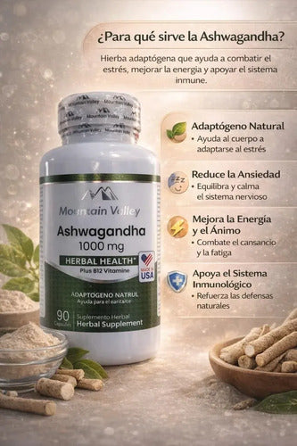 Pack Ashwagandha 1000mg + Vitamina B12 Mountain Valley | Estrés y Energía – 90 Cáp
