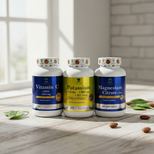 Pack Citrato de Magnesio + Potasio + Vitamina C | Energía, Calambres e Inmunidad – 100 Cáp