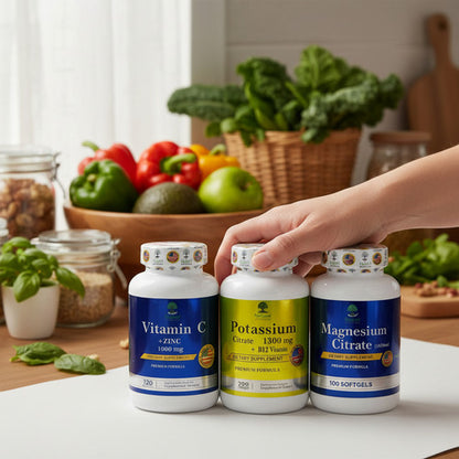 Pack Citrato de Magnesio + Potasio + Vitamina C | Energía, Calambres e Inmunidad – 100 Cáp