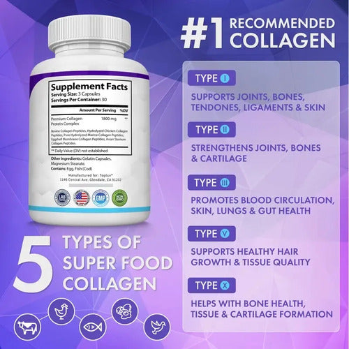 Complejo De 5 Tipos De Péptidos De Colágeno Toplux, 1800 Mg Chocolate