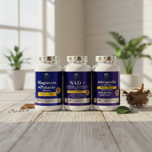 Magnesio + Potasio + NAD Resveratrol + Ashwagandha | Combo Longevidad – 100 Cáp