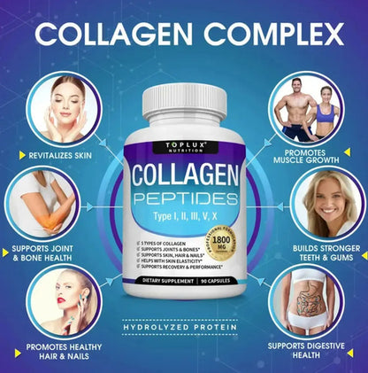 Toplux Collagen Peptides 5 Tipos 1800mg | Piel, Articulaciones y Cabello