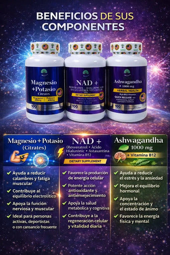 Magnesio + Potasio + NAD Resveratrol + Ashwagandha | Combo Longevidad – 100 Cáp