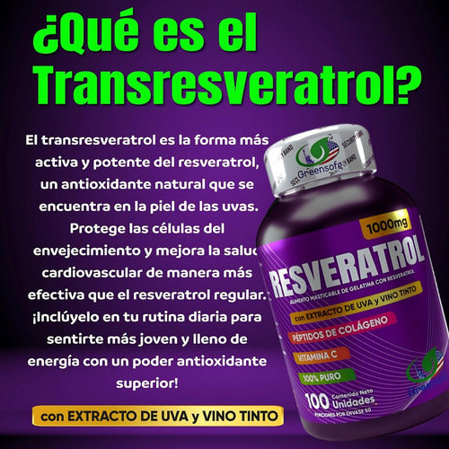 Resveratrol Americano Greensofg | Colágeno, Vitamina C y E – 100 Cápsulas