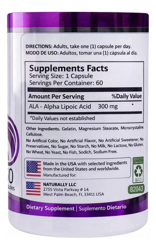 Alpha Lipoic 300mg Naturally | Antioxidante, Azúcar y Neuroprotécción – 60 Cápsulas
