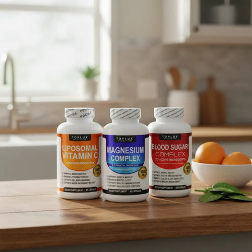 Kit 3 Suplementos Toplux: Vitamina C Liposomal, Magnesio Com