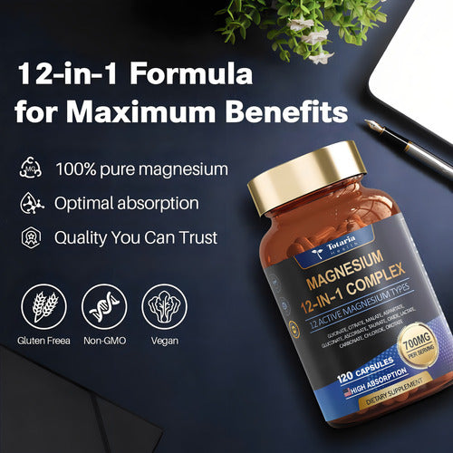 Elfleaf Totaria Health Complejo De Magnesio 700mg 12 En 1 Suplemento De Magnesio 120 Cápsulas Con Glicinato Citrato Malato Óxido Taurato Aspartato,relajación, Músculo, Apoyo Al Corazón