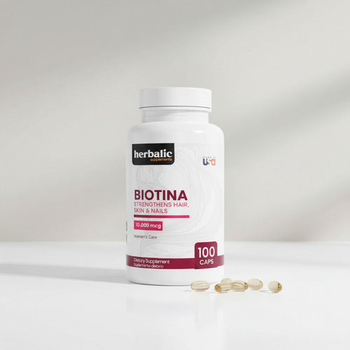 Biotina 10.000mcg Herbalic | Cabello, Uñas y Piel Saludables – 100 Cápsulas