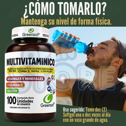 Multivitamínico Greensoft | Complejo B, Biotina y Vitamina C – 100 Cápsulas
