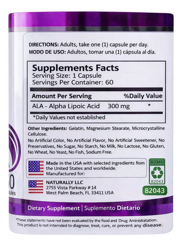 Alpha Lipoic 300mg Naturally | Antioxidante, Azúcar y Neuroprotécción – 60 Cápsulas