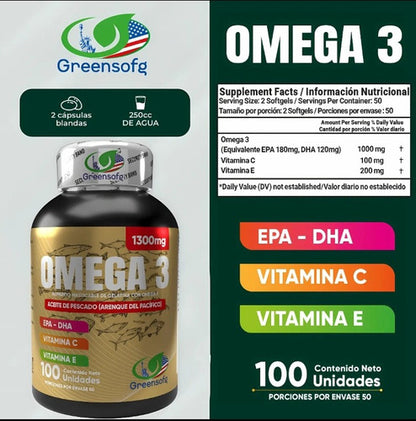 Omega 3 Natural Softgels Greensofg | Aceite de Pescado DHA+EPA Sin Gluten – 100 Cáp