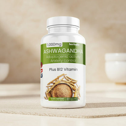 Pack x2 Ashwagandha 1000mg + Vitamina B12 Herbalic | Estrés y Energía – 90 Cáp