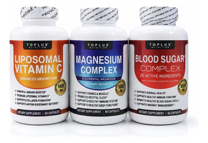 Kit 3 Suplementos Toplux: Vitamina C Liposomal, Magnesio Com