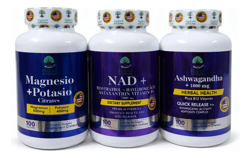 Magnesio + Potasio + NAD Resveratrol + Ashwagandha | Combo Longevidad – 100 Cáp