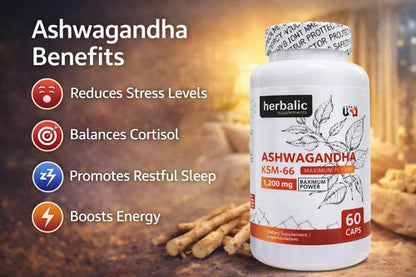 Ashwagandha KSM-66 1200mg Herbalic | Estrés, Ansiedad y Rendimiento – 60 Cápsulas