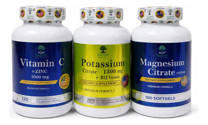 Pack Citrato de Magnesio + Potasio + Vitamina C | Energía, Calambres e Inmunidad – 100 Cáp