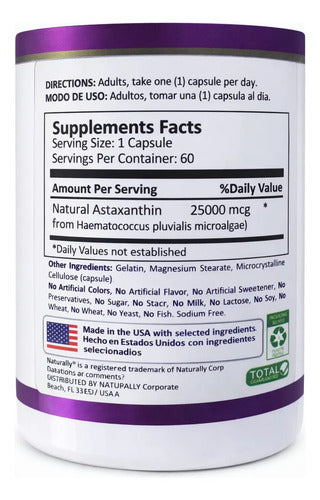 Astaxantina Naturally 25000mcg | Antioxidante Potente, Piel y Ojos – 60 Cápsulas