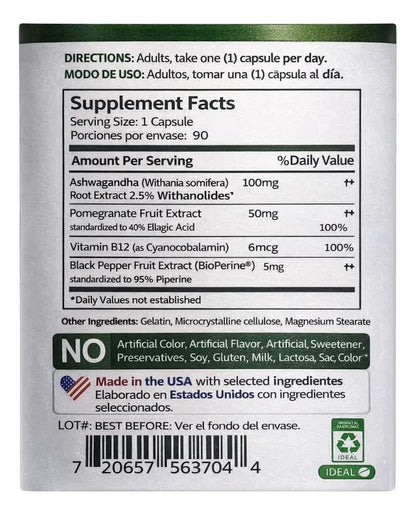 Ashwagandha 1000mg + Vitamina B12 Herbal Health | Estrés, Energía y Rendimiento – 90 Cáp
