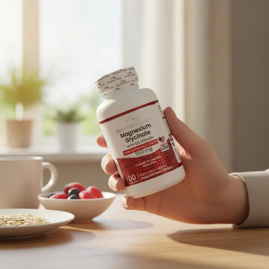 Magnesio Glicinato 550mg + Vitamina D3 Mountain Valley | Sueño y Huesos – 100 Cáp