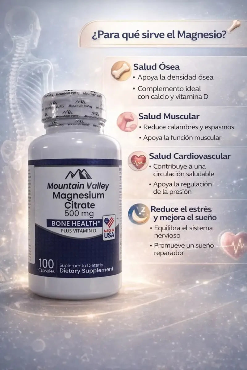Citrato de Magnesio 500mg + Vitamina D Mountain Valley | Huesos y Músculos – 100 Cáp