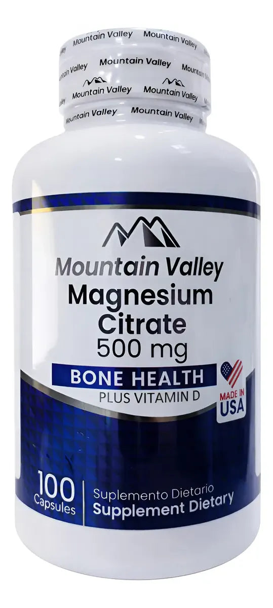Citrato de Magnesio 500mg + Vitamina D Mountain Valley | Huesos y Músculos – 100 Cáp
