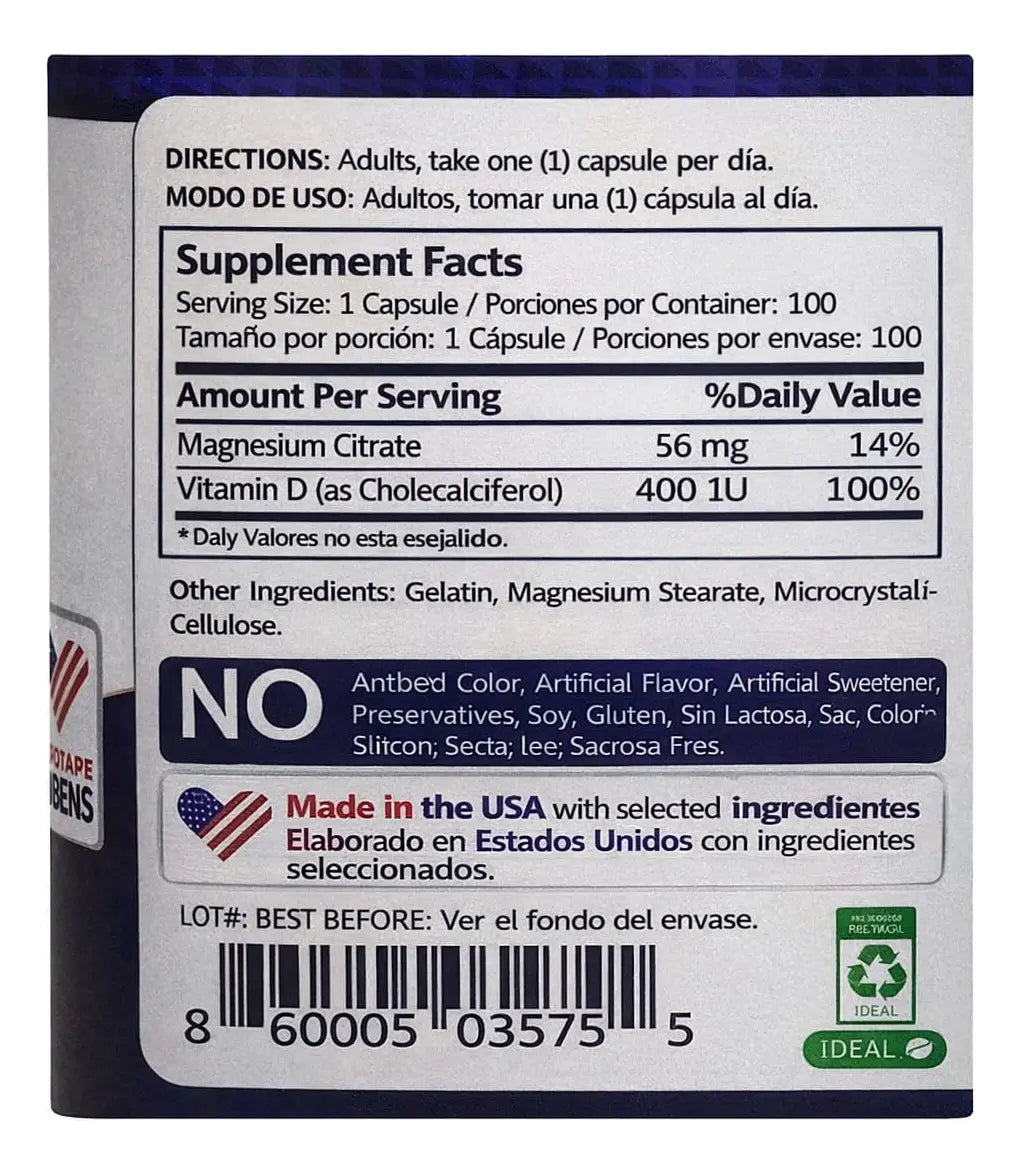Citrato de Magnesio 500mg + Vitamina D Mountain Valley | Huesos y Músculos – 100 Cáp