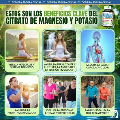 Citrato de Magnesio y Potasio 5 en 1 Greensoft | Energía, Calambres y Corazón – 100 Unidades