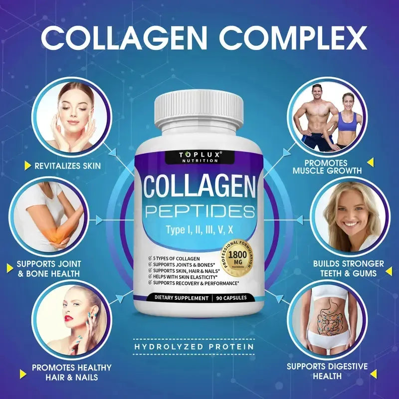 Colágeno Hidrolizado 1800mg + Vitamina C y E Toplux | Piel, Articulaciones y Cabello – 120 Cáp