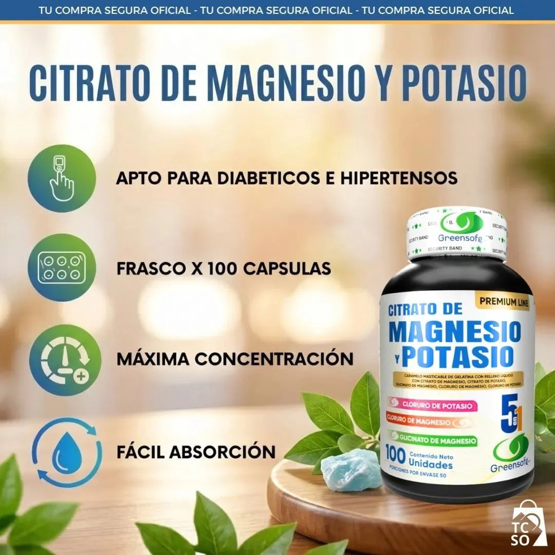 Citrato de Magnesio y Potasio 5 en 1 Greensoft | Energía, Calambres y Corazón – 100 Unidades