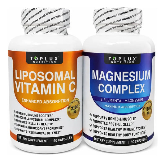 Combo Magnesio Toplux + Vitamina C Liposomal Extra Fuerte | Defensas, Sueño y Piel – 90 Cáp