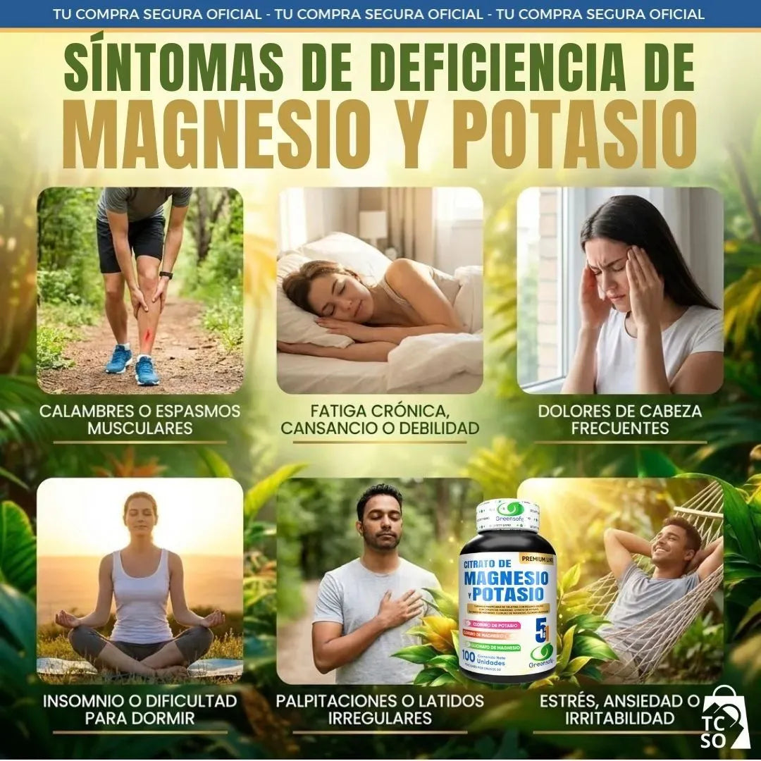 Citrato de Magnesio y Potasio 5 en 1 Greensoft | Energía, Calambres y Corazón – 100 Unidades