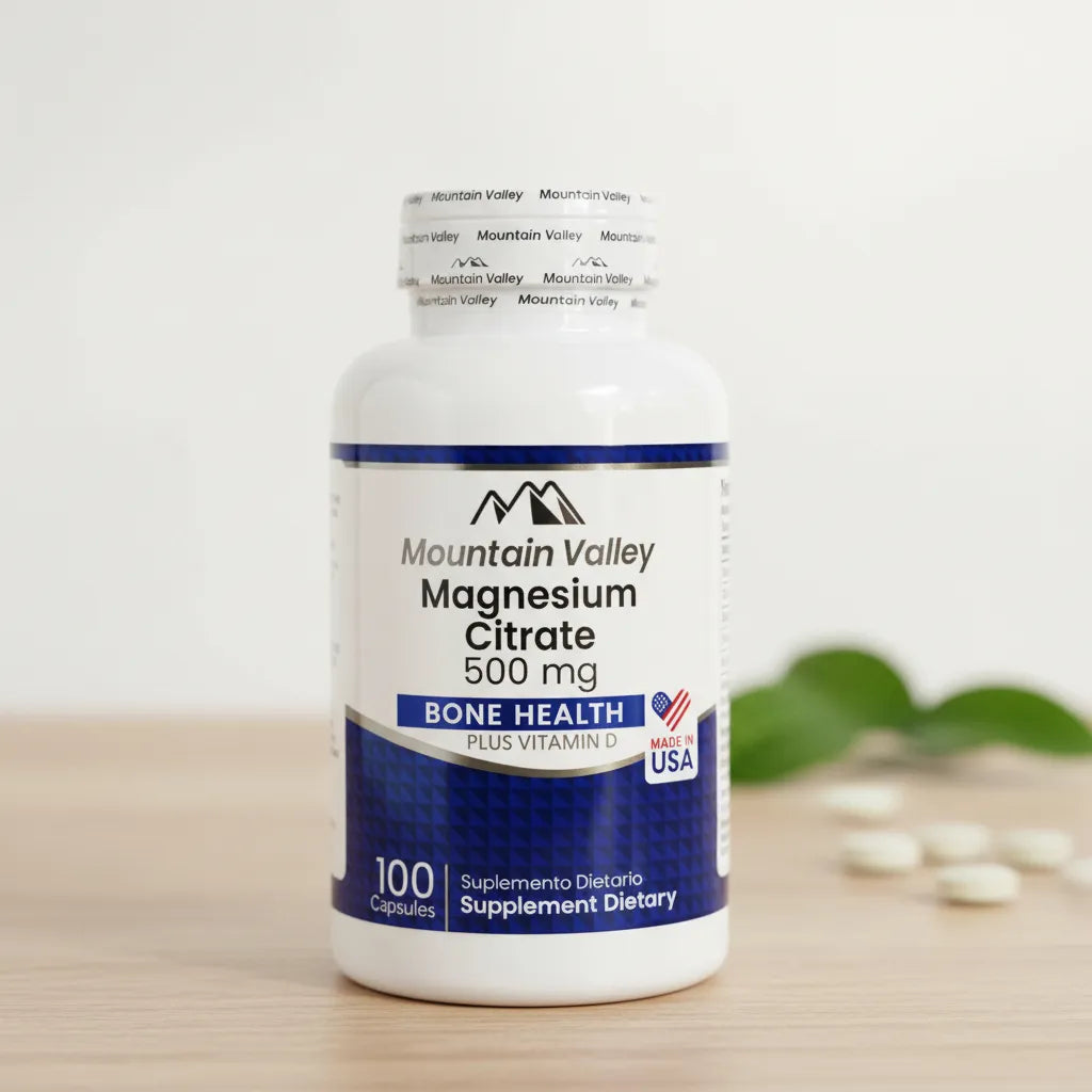 Citrato de Magnesio 500mg + Vitamina D Mountain Valley | Huesos y Músculos – 100 Cáp