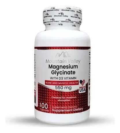 Magnesio Glicinato 550mg + Vitamina D3 Mountain Valley | Sueño y Huesos – 100 Cáp